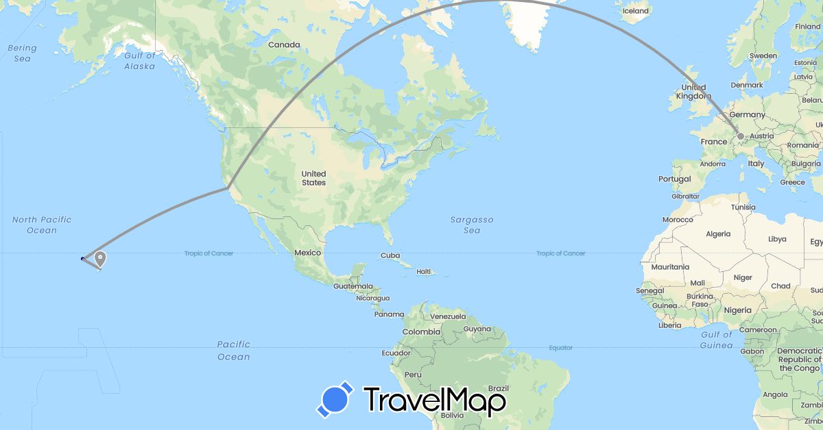 TravelMap itinerary: driving, plane, hiking in Switzerland, United States (Europe, North America)